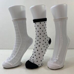 Womens Crew Socks Set 3 Sheer Stripes Checkered Polka Dots White Black